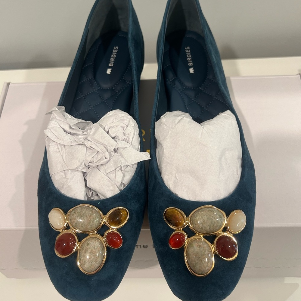 Velvet Blue Flats with Elegant Embellishments